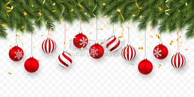 球体,新年前夕,杉树,节日,绘画插图,红色,五彩纸屑,矢量,庆祝
