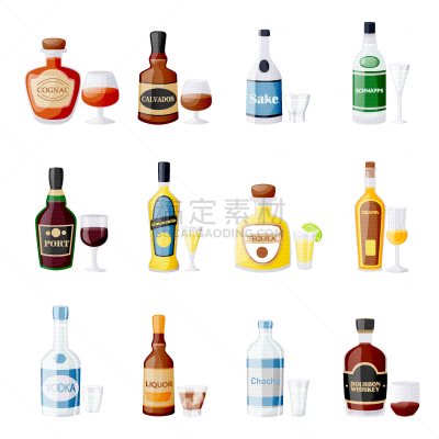 饮料,含酒精饮料,玻璃杯,瓶子,绘画插图,卡通,平坦的,矢量,设计