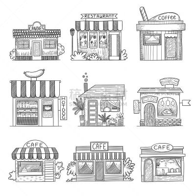 餐馆,商店,矢量,建筑体,小的,背景分离,复古风格,糖果,建筑业,窗户