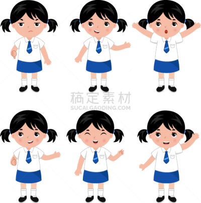 女孩,校服,可爱的,摆拍,学龄前儿童,小的,儿童,剪贴画,收集,站