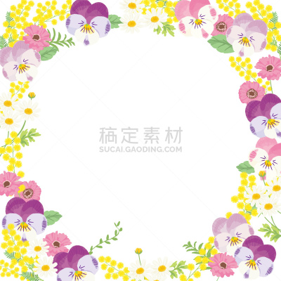 春天,背景,绘画插图,矢量,花环,水香花菜,毛莨属植物,含羞草酒,边框,非洲雏菊