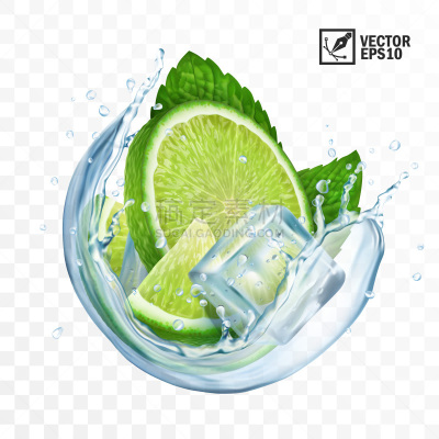 三维图形,莫吉托,矢量,水,冰块,酸橙,透明,圆形,溅,写实