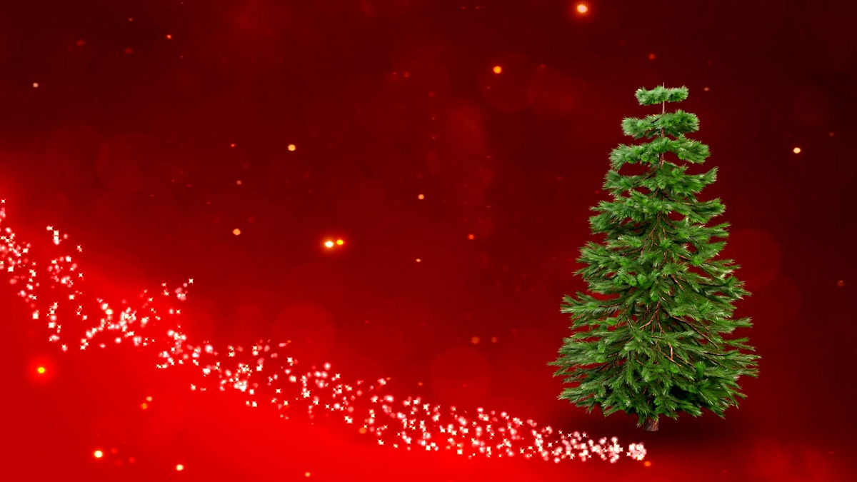 用闪闪发光的微粒装饰圣诞树。礼品兑换主题-3D渲染