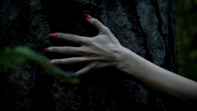 特写照片手长指甲，一个穿着黑色斗篷的女人在傍晚触摸一棵树的树皮