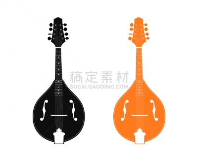 曼陀林,黑色,橙色,分离着色,白色,音乐,传统,图像,古董,剪影