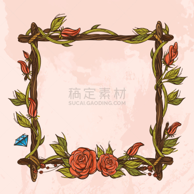 玫瑰,枝,正方形,边框,华丽的,绳子,柳条,梦符咒,复古,做