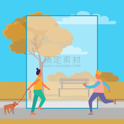 男人,秋天,公园,狗,女人,四轮冰鞋,宠物,自然,人,黄金