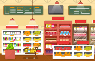 食品杂货,绘画插图,超级市场,架子,商店,平坦的,购物中心,饮料,蔬菜,商务