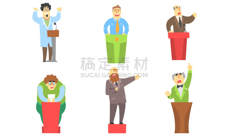 绘画插图,男人,矢量,演说家,卡通,指挥台,幽默,讨论,演讲,给予