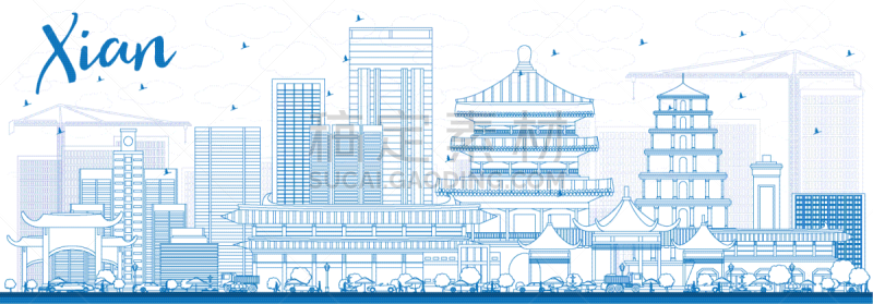 西安,轮廓,城市天际线,蓝色,建筑外部,建筑,旅途,商务,人,房屋