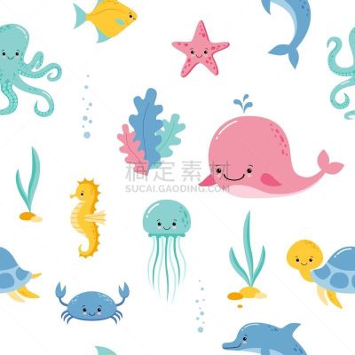 可爱的,海洋,卡通,水下,鱼类,动物,可爱,幽默,四方连续纹样