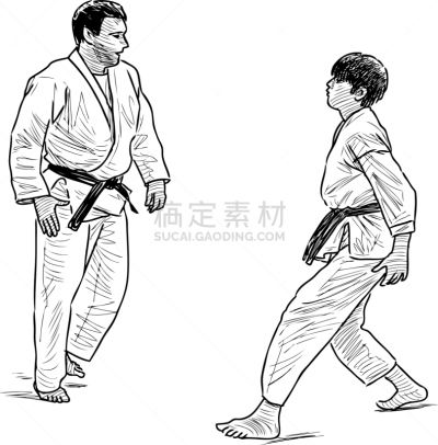 学生,草图,教练,轮廓,和服,合气道,运动,摔跤,行动