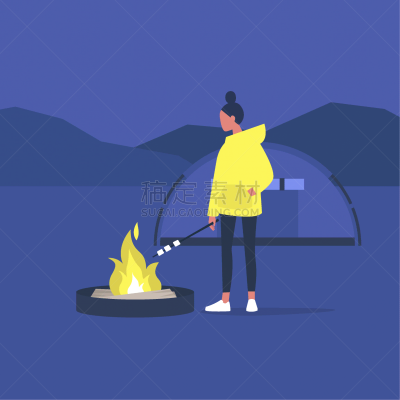 女性,徒步旅行,棉花软糖,烤的,营火,旅行者,青年人,森林,柴火,背景分离