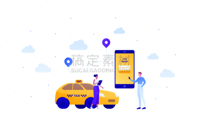 绘画插图,汽车,出租车,矢量,概念,人,女人,男人,服务