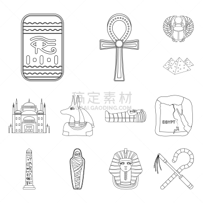 轮廓,古埃及文明,计算机图标,木乃伊化的,法老,路易斯十六世,开罗,圣甲虫,收集,布置