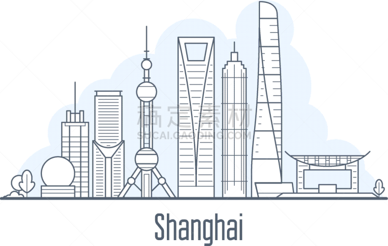上海,都市风景,城市天际线,著名景点,草图,轮廓,亚洲,房屋,直的,剪影