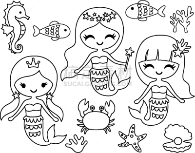 轮廓,美人鱼,绘画插图,矢量,海洋生命,可爱的,背景分离,公主,海星,动物