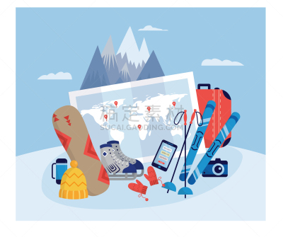 设备用品,绘画插图,矢量,地形,平坦的,旅行者,冬季运动,雪板,运动,多样