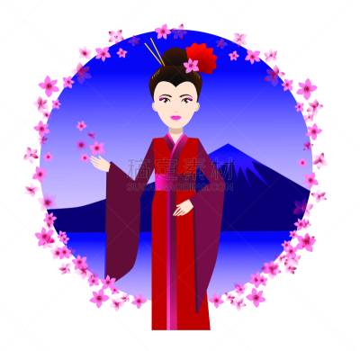 和服,仅一朵花,绘画插图,日本,矢量,樱之花,花见节,爱的,女孩,女人