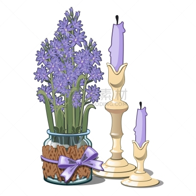 蜡烛,花瓶,花束,玻璃杯,两个物体,丁香花,白昼,华丽的,烛台,装饰