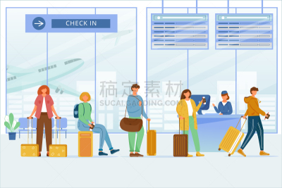 行李,飞机,绘画插图,旅行者,卡通,乘客,平坦的,书桌,飞行器,机场
