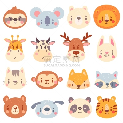 虎,乐趣,狐狸,绘画插图,可爱的,兔子,动物头,矢量