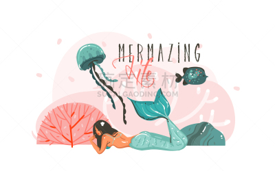 插画,抽象,举起手,卡通,公主,女人,海星,船,自然美,绘制