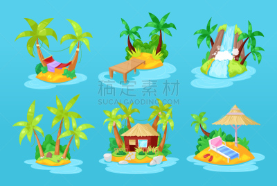 火山,海洋,棕榈树,岛,鸡尾酒,平房,瀑布,清新,背景分离,吊床