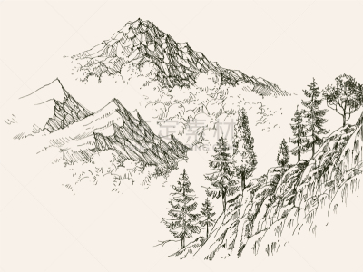 山,草图,山脉,创造力,石头,针叶树,户外,树,绘制