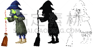 扫帚,女巫,动画片,轮廓,彩色图片,分离着色,白色背景,药剂,暗色,飘然