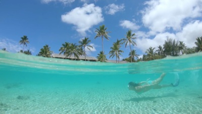 慢动作 年轻的女性旅行者在宁静的水晶清澈的水中浮潜。