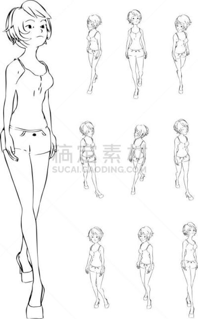 女孩,四处看看,时尚,一个人,迷人,卡通,可爱的,步行,放松,微笑