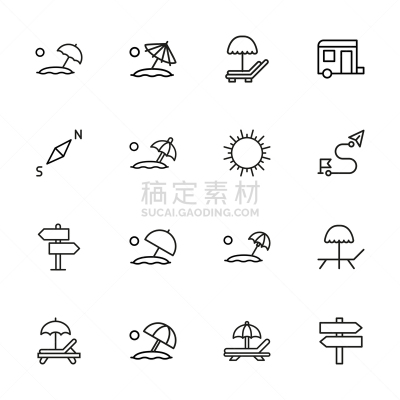 图标集,夏天,拖鞋,西瓜,海星,船,伞,绘画插图,灯塔楼