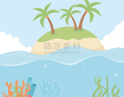 在下面,棕榈树,卡通,海滩,岛,海洋,硬珊瑚