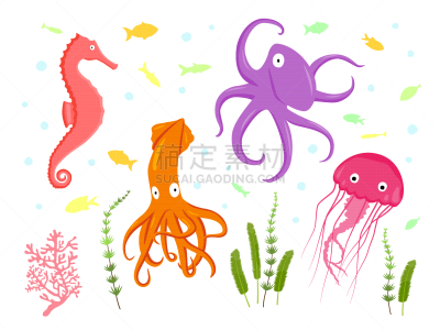 绘画插图,卡通,鱿鱼,平坦的,水母,海马,矢量,章鱼,生物学,可爱的