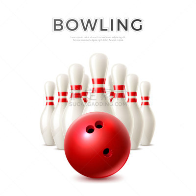 realistic bowling ball and skittle pins