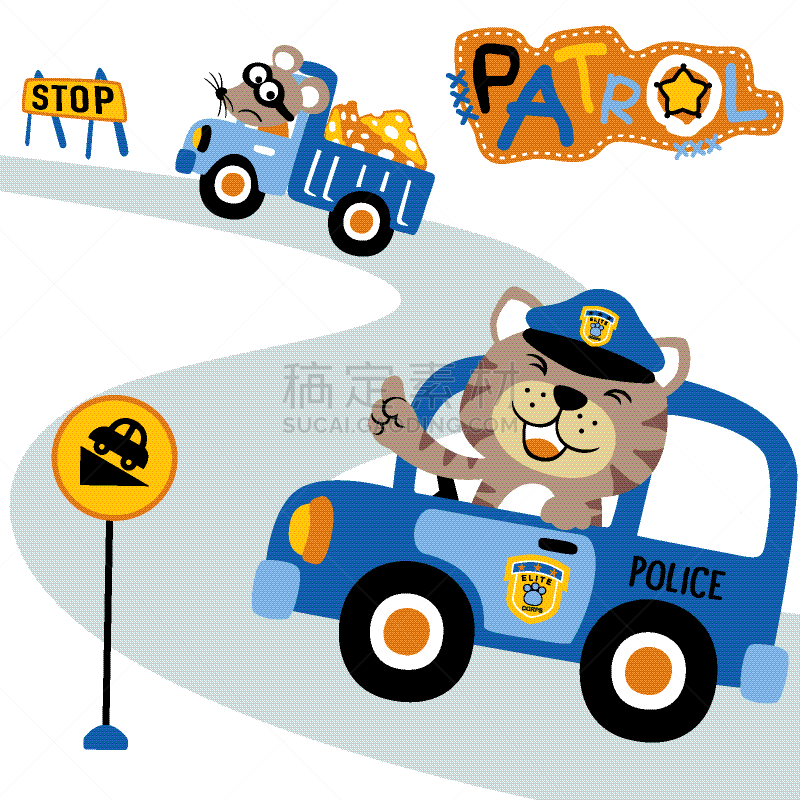 绘画插图,卡通,猫,矢量,幽默,边界,警官,可爱的,脚印,卡车