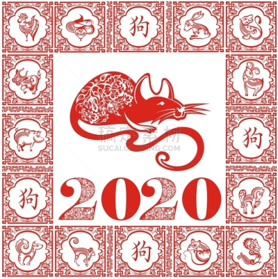 老鼠,十二生肖,红色,传统,2020,贺卡,背景分离,哺乳纲,动物,节日