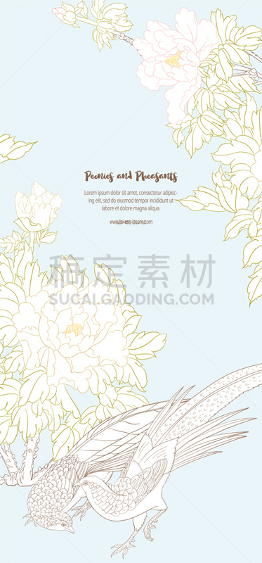 牡丹,枝,雉,商务,传统,贺卡,结婚请柬,模板,鸟类,花