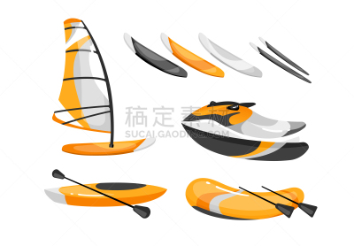 皮划艇,水上运动,船,桨,设备用品,绘画插图,卡通,平坦的,滑雪运动,矢量