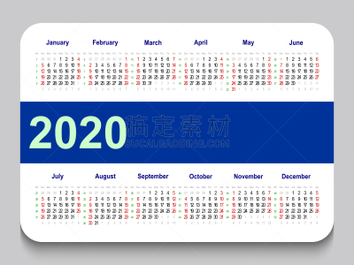 2020,模板,口袋,水平画幅,日历,星期日,星期,开端,白色背景,格子