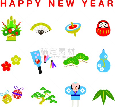 新年前夕,绘画插图,华丽的,一月,梅子,东亚,富士山,松树,鸟居,铃