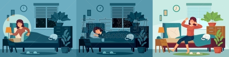 夜晚,幸福,早晨,绘画插图,女性,床,女人,起床,睡觉