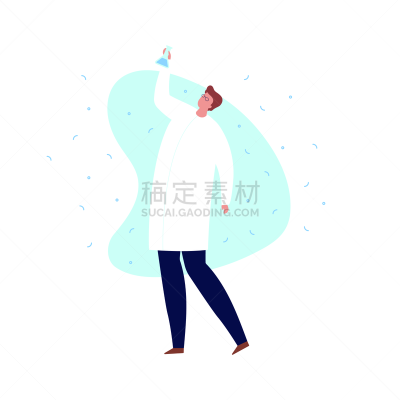 拿着,概念,矢量,烧瓶,科学家,男性,平坦的,蓝色,液体,探索