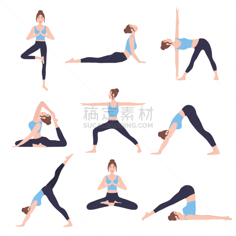 瑜伽,平坦的,矢量,绘画插图,青年女人,动画片,分离着色,捆,锻炼,出示