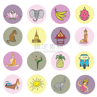 泰国,图标集,旅途,传统,食品,象,船,动物,绘制,花