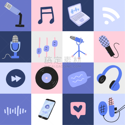 标语,专业人员,耳机,波普风,绘画插图,麦克风,海报,乱画,抽象,字体