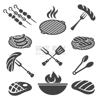 烤肉架,图标集,格子烤肉,牛排,热,菜单,野餐,食品,炊具,烹调