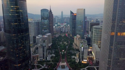 日落市中心天河体育中心体育场广州市航空全景 中国