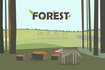 狼,森林,树桩,卡通,可爱的,野生动物,黄昏,狗,动物,鸟类